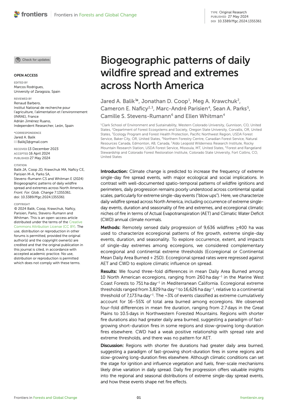 Biogeographic patterns of daily wildfire spread and extremes across North America